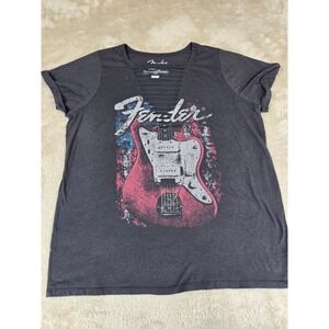 Fender Graphic T-Shirt Charcoal Gray Caged Neck Guitar Print Womens Size 1